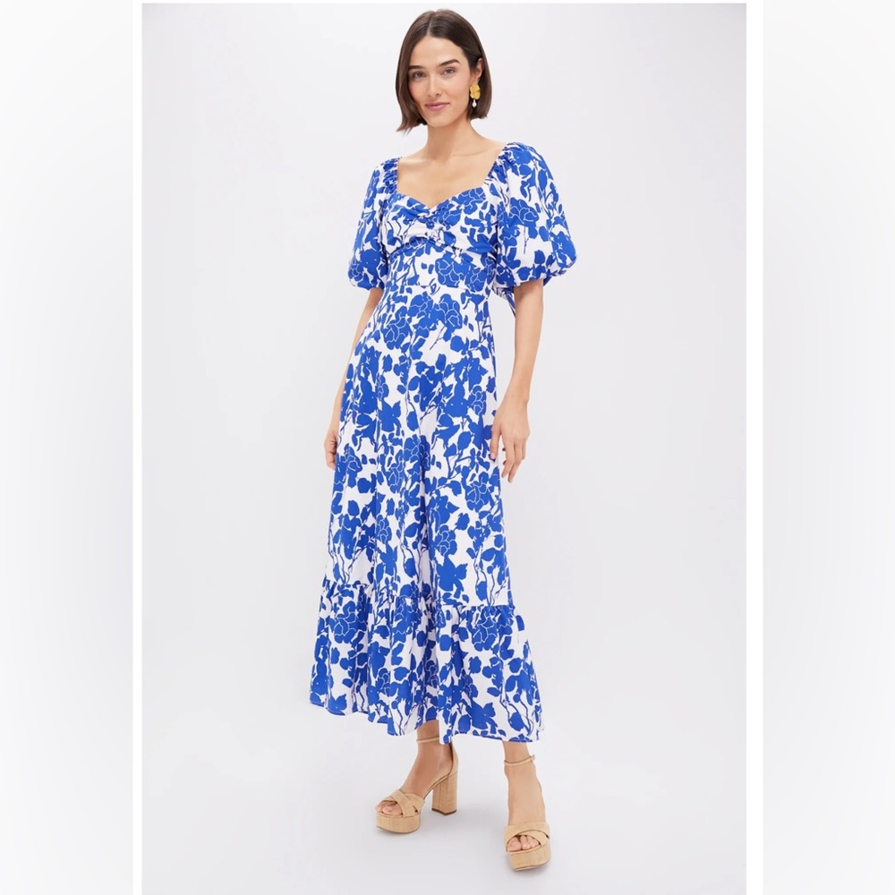 Blue Floral Puff-Sleeve Maxi Dress
